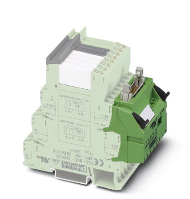 Phoenix Contact V8-OUTPUT adapter for eight 6.2mm PLC interfaces (1 PDT; etc./see  Supplementary Products ). 14-Pos. Flat-Ribbon cable connection for the PLC system cabling; Control logic: Minus switching
